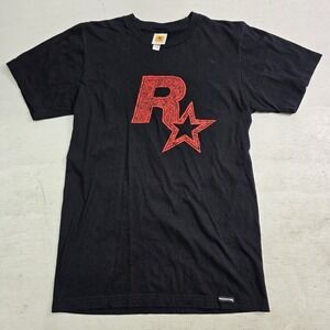 Vintage Y2K Rockstar Video Games Red Star Logo GTA Men's Black T-Shirt Sz S EUC‎